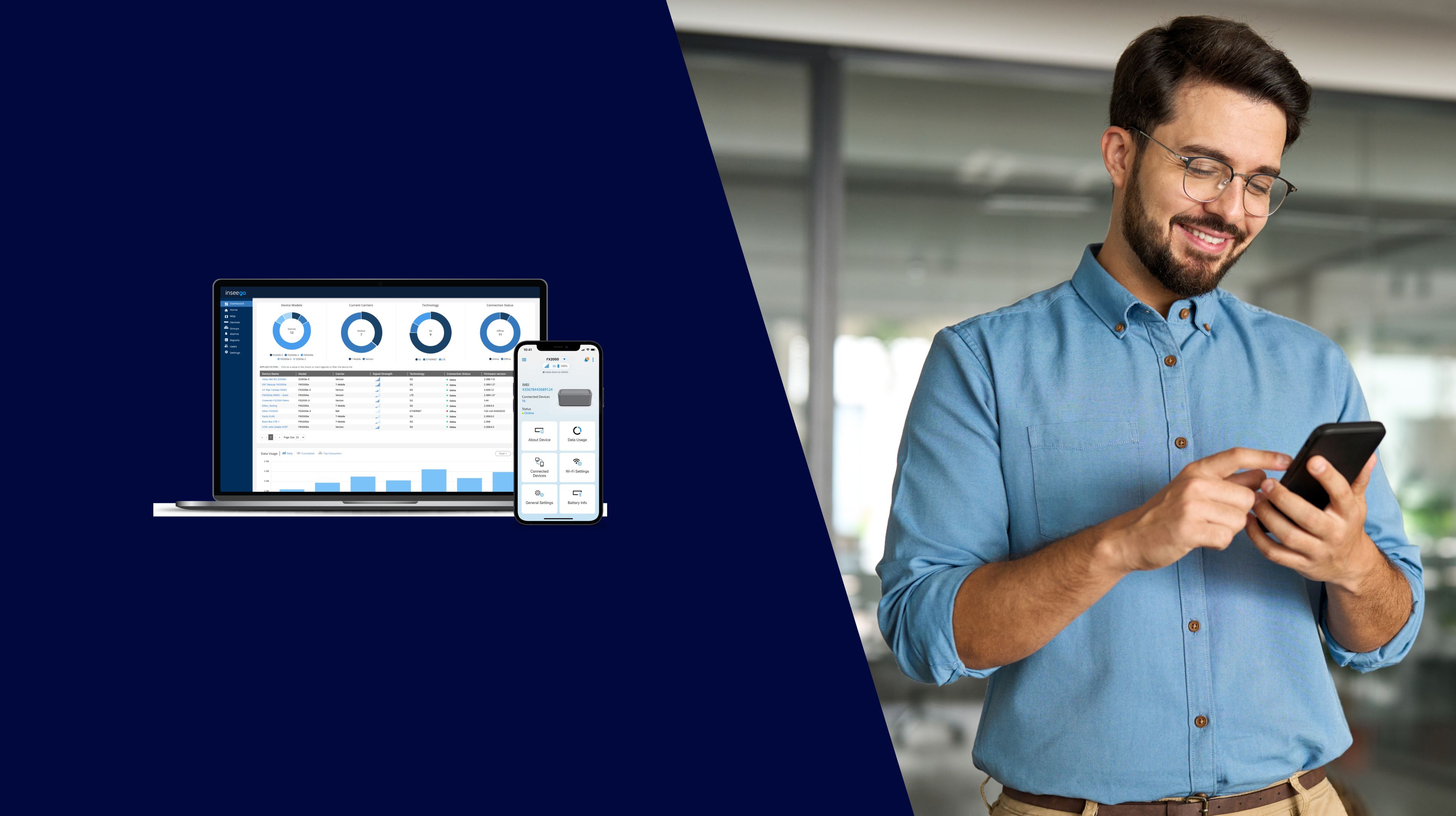 Small preview of Inseego Connect and Inseego's mobile app on a laptop and phone.
